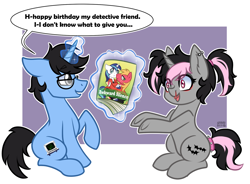 Size: 1584x1164 | Tagged: safe, artist:sabrib, big macintosh, shining armor, oc, oc:evans, oc:tinker doo, pony, unicorn, g4, awkward, birthday, blood, book cover, cover, duo, ear piercing, fujoshi, horn, nosebleed, piercing, present