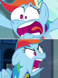 Size: 1683x2245 | Tagged: safe, edit, edited screencap, screencap, rainbow dash, pegasus, pony, g4, no second prances, parental glideance, season 6, season 7, angry, comparison, faic, furious, ragebow dash, rainbow dash is best facemaker, rainbow dash is not amused, shocked, stop, surprised, unamused, yelling