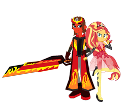 Size: 890x720 | Tagged: safe, artist:robertsonskywa1, sunset shimmer, human, equestria girls, g4, my little pony equestria girls: better together, couple, holomatter avatar, hot rod, humanized, rodimus, super ponied up, sword, transformers, weapon