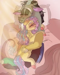 Size: 899x1123 | Tagged: safe, artist:cocolove2176, discord, fluttershy, draconequus, pegasus, pony, g4, colored hooves, eyes closed, female, hug, male, mare, pillow, ship:discoshy, shipping, sleeping, straight, wings