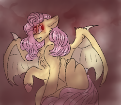Size: 740x640 | Tagged: safe, artist:cocolove2176, fluttershy, bat pony, pony, g4, abstract background, bat ponified, bat wings, female, flutterbat, glowing eyes, mare, race swap, raised hoof, solo, wings