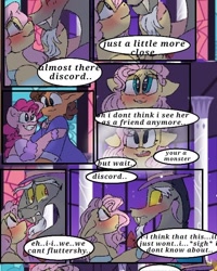 Size: 540x676 | Tagged: safe, artist:cocolove2176, cheese sandwich, discord, fluttershy, pinkie pie, draconequus, earth pony, pegasus, pony, comic:fluttering chaos, g4, blushing, comic, dialogue, female, male, mare, ship:cheesepie, ship:discoshy, shipping, smiling, stallion, straight