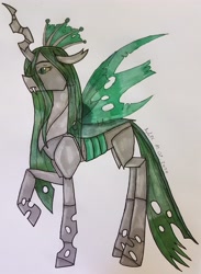 Size: 2712x3712 | Tagged: safe, artist:agdapl, queen chrysalis, changeling, changeling queen, g4, female, green changeling, high res, raised hoof, solo, traditional art