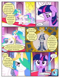 Size: 612x792 | Tagged: safe, artist:newbiespud, edit, edited screencap, screencap, princess celestia, rainbow dash, star swirl the bearded, twilight sparkle, alicorn, pegasus, pony, unicorn, comic:friendship is dragons, g4, the crystal empire, bust, comic, d:, dialogue, eyelashes, female, hair over one eye, hoof shoes, horn, indoors, jewelry, male, mare, open mouth, peytral, screencap comic, stained glass, stallion, tiara, unicorn twilight, wings