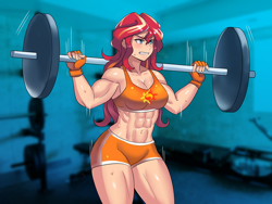 Size: 800x600 | Tagged: safe, artist:tzc, sunset shimmer, human, equestria girls, g4, abs, adonis belt, anime, barbell, belly button, biceps, blushing, bodybuilder, breasts, busty sunset shimmer, clothes, commission, determined, female, fingerless gloves, gloves, gritted teeth, gym, gym shorts, long hair, multicolored hair, muscles, muscular female, quadriceps, shorts, smiling, solo, sports bra, sports shorts, sunset lifter, sweat, tomboy, turquoise eyes, weight lifting, weights
