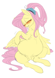 Size: 2894x4093 | Tagged: safe, artist:snspony, fluttershy, pegasus, pony, alternate hairstyle, belly, big belly, blushing, eyes closed, featureless crotch, older, older fluttershy, preggoshy, pregnant, sitting, smiling