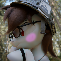 Size: 1920x1920 | Tagged: safe, artist:sgt.acey, derpibooru exclusive, oc, oc only, oc:acey, earth pony, pony, 3d, blush sticker, blushing, bullet, dog tags, female, glasses, helmet, solo