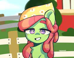 Size: 1261x1000 | Tagged: safe, artist:cottonsweets, tree hugger, earth pony, pony, g4, bandana, blushing, chest fluff, cute, female, fence, huggerbetes, looking at you, mare, simple background, sketch, smiling, smiling at you, solo