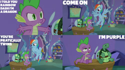 Size: 1280x720 | Tagged: safe, edit, edited screencap, editor:quoterific, screencap, rainbow dash, spike, tank, dragon, pegasus, pony, tortoise, g4, tanks for the memories, female, flying, male, mare, open mouth, sitting, smiling, stallion