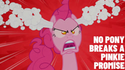 Size: 1280x720 | Tagged: safe, edit, edited screencap, editor:quoterific, screencap, pinkie pie, earth pony, pony, g4, season 2, the last roundup, angry, ear steam, female, mare, nopony breaks a pinkie promise, open mouth, pinkie promise, solo, this will end in cupcakes