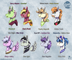 Size: 1410x1181 | Tagged: safe, artist:inuhoshi-to-darkpen, oc, oc only, oc:cherry bomb, oc:golden touch, oc:peachy magnolia, oc:shamrock, oc:shiny pitch, oc:sleepy lullaby, oc:star light, oc:star sapphire, earth pony, pegasus, pony, unicorn, cap, clothes, ear fluff, ear piercing, earring, earth pony oc, facial hair, freckles, glasses, hat, hoodie, horn, jewelry, magical gay spawn, moustache, mouth hold, offspring, parent:amethyst star, parent:cherry blossom, parent:cloverleaf, parent:golden harvest, parent:noteworthy, parent:rainbow stars, parent:royal riff, parent:silver script, parent:star bright, parent:written script, parents:starscript, pegasus oc, piercing, unicorn oc