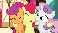 Size: 1280x720 | Tagged: safe, screencap, apple bloom, scootaloo, sweetie belle, earth pony, pegasus, pony, unicorn, g4, on your marks, ^^, adorabloom, cute, cutealoo, cutie mark, cutie mark crusaders, cutie mark cuties, diasweetes, eyes closed, female, filly, hug, open mouth, open smile, smiling
