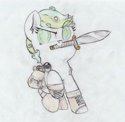 Size: 3999x3905 | Tagged: safe, artist:foxtrot3, oc, oc:karakusa, earth pony, pony, adventurer, bag, boots, female, filly, green eyes, green hair, high res, mouth hold, saddle bag, shoes, smiling, smirk, solo, sword, torch, weapon