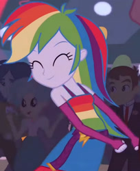Size: 1920x2355 | Tagged: safe, screencap, rainbow dash, equestria girls, g4, my little pony equestria girls, ^^, belt, clothes, cropped, cute, cutie mark, cutie mark on clothes, dancing, dashabetes, eyes closed, fall formal outfits, female, fingerless gloves, gloves, male, sleeveless, smiling, solo focus