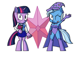 Size: 1024x763 | Tagged: safe, artist:sergeant16bit, trixie, twilight sparkle, unicorn, anthro, unguligrade anthro, g4, book, cape, clothes, duo, duo female, female, hand on hip, hat, leotard, looking at you, one eye closed, open mouth, open smile, raised arm, shirt, skirt, smiling, sweater vest, trixie's cape, trixie's hat, wink