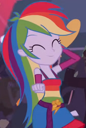 Size: 1920x2844 | Tagged: safe, screencap, rainbow dash, equestria girls, g4, my little pony equestria girls, ^^, belt, clothes, cropped, cute, cutie mark, cutie mark on clothes, dancing, dashabetes, eyes closed, fall formal outfits, female, fingerless gloves, gloves, male, sleeveless, smiling, solo focus