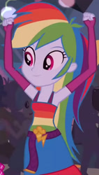 Size: 1920x3391 | Tagged: safe, screencap, rainbow dash, equestria girls, g4, my little pony equestria girls, belt, clothes, cropped, cute, cutie mark, cutie mark on clothes, dancing, dashabetes, fall formal outfits, female, fingerless gloves, gloves, male, sleeveless, smiling, solo focus