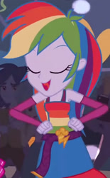 Size: 1920x3098 | Tagged: safe, screencap, rainbow dash, equestria girls, g4, my little pony equestria girls, belt, clothes, cropped, cute, cutie mark, cutie mark on clothes, dancing, dashabetes, eyes closed, fall formal outfits, female, fingerless gloves, gloves, male, open mouth, open smile, sleeveless, smiling, solo focus
