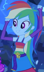 Size: 1920x3130 | Tagged: safe, screencap, rainbow dash, equestria girls, g4, my little pony equestria girls, armpits, arms in the air, belt, clothes, cropped, cute, cutie mark, cutie mark on clothes, dancing, dashabetes, fall formal outfits, female, fingerless gloves, gloves, hands in the air, male, sleeveless, smiling, solo focus
