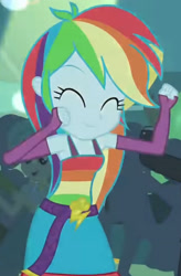 Size: 1920x2928 | Tagged: safe, screencap, rainbow dash, equestria girls, g4, my little pony equestria girls, ^^, belt, clothes, cropped, cute, cutie mark, cutie mark on clothes, dancing, dashabetes, eyes closed, fall formal outfits, female, fingerless gloves, gloves, male, sleeveless, smiling, solo focus