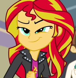 Size: 601x618 | Tagged: safe, screencap, sunset shimmer, equestria girls, g4, my little pony equestria girls: rainbow rocks, cropped, smiling, smirk