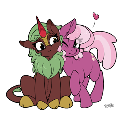 Size: 2000x2000 | Tagged: safe, artist:skoon, cheerilee, cinder glow, summer flare, earth pony, kirin, pony, g4, :t, cheeribetes, cinderbetes, cinderlee, colored, crack shipping, cuddling, cute, female, flat colors, floating heart, heart, high res, lesbian, nuzzling, one eye closed, shipping, simple background, transparent background