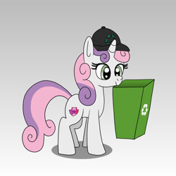 Size: 1280x1280 | Tagged: safe, artist:platinumdrop, sweetie belle, pony, unicorn, g4, baseball cap, cap, female, filly, gradient background, hat, mouth hold, recycle bin, request, simple background, solo