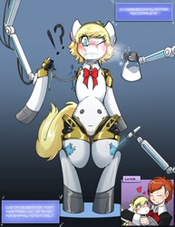 Size: 2550x3300 | Tagged: safe, artist:helixjack, pony, robot, robot pony, aigis, assembly, bipedal, blushing, comic, commission, cutie mark, exclamation point, female, floating heart, floppy ears, gradient background, heart, high res, interrobang, megami tensei, one eye closed, paint tf, persona 3, ponified, question mark, robotic arm, shin megami tensei, spray paint