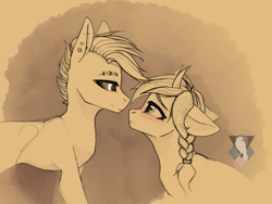 Size: 2048x1536 | Tagged: safe, artist:alrumoon_art, oc, oc only, pony, abstract background, black sclera, braid, duo, ear piercing, eyebrow piercing, horns, looking into each others eyes, monochrome, piercing