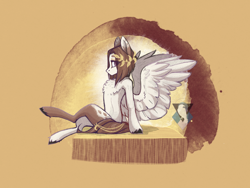 Size: 2048x1536 | Tagged: safe, artist:alrumoon_art, oc, oc only, pegasus, pony, abstract background, chest fluff, partially open wings, profile, sitting, solo, wings