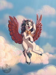 Size: 1440x1920 | Tagged: safe, artist:alrumoon_art, oc, oc only, pegasus, pony, clothes, cloud, flying, open mouth, open smile, peace sign, scarf, sky, smiling, solo, wing gesture, wings