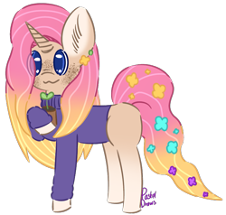 Size: 717x682 | Tagged: safe, artist:pasteldraws, pony, unicorn, clothes, flower, flower in hair, freckles, redesign, simple background, solo, sweater, transparent background