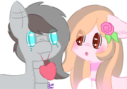 Size: 976x682 | Tagged: safe, artist:pasteldraws, oc, oc:aurelio, oc:juliet, earth pony, pony, robot, robot pony, blushing, heart, mouth hold, shipping, simple background, transparent background