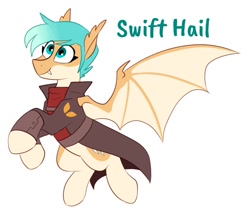 Size: 1041x895 | Tagged: safe, artist:redxbacon, oc, oc only, oc:swift hail, bat pony, pony, bat pony oc, bat wings, cape, clothes, fangs, simple background, smiling, solo, white background, wings