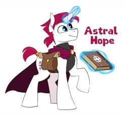 Size: 1701x1547 | Tagged: safe, artist:redxbacon, oc, oc only, oc:astral hope, pony, unicorn, bag, book, brooch, cloak, clothes, horn, jewelry, magic, male, raised hoof, ring, saddle bag, simple background, solo, stallion, tail, tail ring, unicorn oc, white background
