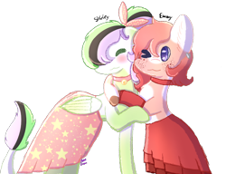 Size: 886x682 | Tagged: safe, artist:pasteldraws, oc, oc:emmy, oc:shirley, earth pony, pegasus, pony, best friends, bow, clothes, freckles, hug, jewelry, long tail, necklace, ponytail, simple background, skirt, transparent background