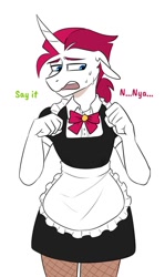 Size: 726x1218 | Tagged: safe, artist:redxbacon, oc, oc only, oc:astral hope, unicorn, anthro, clothes, crossdressing, dress, fishnet stockings, floppy ears, maid, male, no eyelashes, solo, sweat, sweatdrops