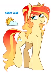 Size: 870x1246 | Tagged: safe, artist:redxbacon, oc, oc only, oc:sunny lane, earth pony, pony, cyan eyes, earth pony oc, eyeshadow, gradient mane, gradient tail, lidded eyes, makeup, not sunset shimmer, ponytail, raised hoof, solo, tail
