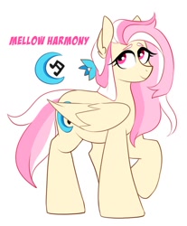 Size: 848x1022 | Tagged: safe, artist:redxbacon, oc, oc only, oc:mellow harmony, pegasus, pony, folded wings, magenta eyes, not fluttershy, pegasus oc, raised hoof, solo, standing, wings