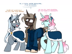 Size: 1982x1484 | Tagged: safe, artist:redxbacon, oc, oc only, oc:history quill, oc:parch well, oc:spell bound, pony, unicorn, cloak, clothes, female, headband, horn, mare, scarf, simple background, trio, unicorn oc, white background