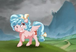 Size: 3299x2266 | Tagged: safe, artist:dvixie, cozy glow, pegasus, pony, g4, canterlot, commission, commissioner:reversalmushroom, evil smile, female, filly, grin, high res, raised hoof, smiling, solo, spread wings, wings