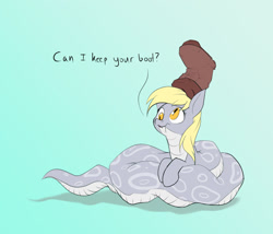 Size: 1280x1098 | Tagged: safe, artist:rocket-lawnchair, derpy hooves, lamia, original species, snake, snake pony, g4, boot, dialogue, female, lamiafied, simple background, snerpy, solo, species swap, there's a snake in my boot