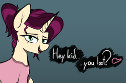 Size: 1774x1172 | Tagged: safe, artist:pinkberry, oc, oc only, oc:mulberry merlot, pony, unicorn, bedroom eyes, clothes, colored sketch, female, flirting, freckles, heart, imminent foalcon, looking at you, mulberry is a foalslut, shirt, solo, speech, t-shirt, talking, tattoo, text