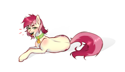 Size: 2733x1581 | Tagged: safe, artist:azaani, roseluck, pony, g4, collar, commission, commissioner:doom9454, cute, fangs, lying down, pet tag, pony pet, rosepet