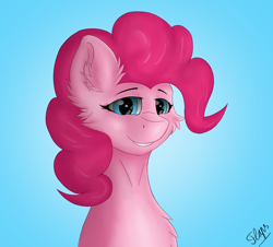 Size: 2976x2688 | Tagged: safe, artist:flapstune, pinkie pie, earth pony, pony, g4, blue background, bust, cheek fluff, chest fluff, ear fluff, female, fluffy, high res, looking at you, mare, signature, simple background, smiling, solo
