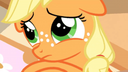 Size: 1280x720 | Tagged: safe, screencap, applejack, earth pony, pony, g4, season 1, the cutie mark chronicles, animated, crying, crying on the outside, cute, eye shimmer, female, filly, filly applejack, floppy ears, gif, hatless, jackabetes, missing accessory, sad, sadness, sadorable, single tear, solo, teary eyes, unhapplejack, younger