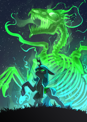 Size: 2480x3508 | Tagged: safe, artist:underpable, queen chrysalis, changeling, changeling queen, g4, bone, commission, female, grass, high res, night, skeleton, solo, summoning