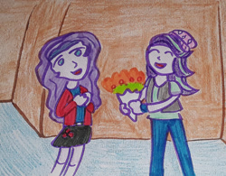 Size: 1280x997 | Tagged: safe, artist:dex stewart, starlight glimmer, oc, oc:violet sky vavoom, human, equestria girls, g4, female, flower, mother and child, mother and daughter, traditional art