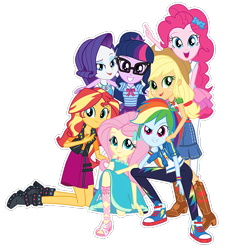 Size: 700x701 | Tagged: artist needed, safe, applejack, fluttershy, pinkie pie, rainbow dash, rarity, sci-twi, sunset shimmer, twilight sparkle, equestria girls, g4, my little pony equestria girls: better together, official, converse, glasses, group shot, hasbro studios, humane five, humane seven, humane six, looking at you, shoes, simple background, sneakers, transparent background, vector, white outline