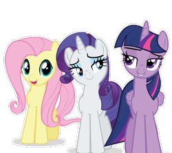 Size: 555x495 | Tagged: artist needed, safe, fluttershy, rarity, twilight sparkle, alicorn, pegasus, pony, unicorn, g4, official, female, looking at you, open mouth, simple background, teeth, transparent background, trio, trio female, twilight sparkle (alicorn), vector, white outline